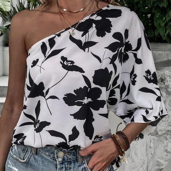 Floral One Shoulder Bohemian Cottagecore Top white black - Picture 3 of 6